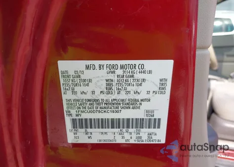 2012 Ford Escape Xlt z USA, uszkodzony, nr VIN 1FMCU0D75CKC19307